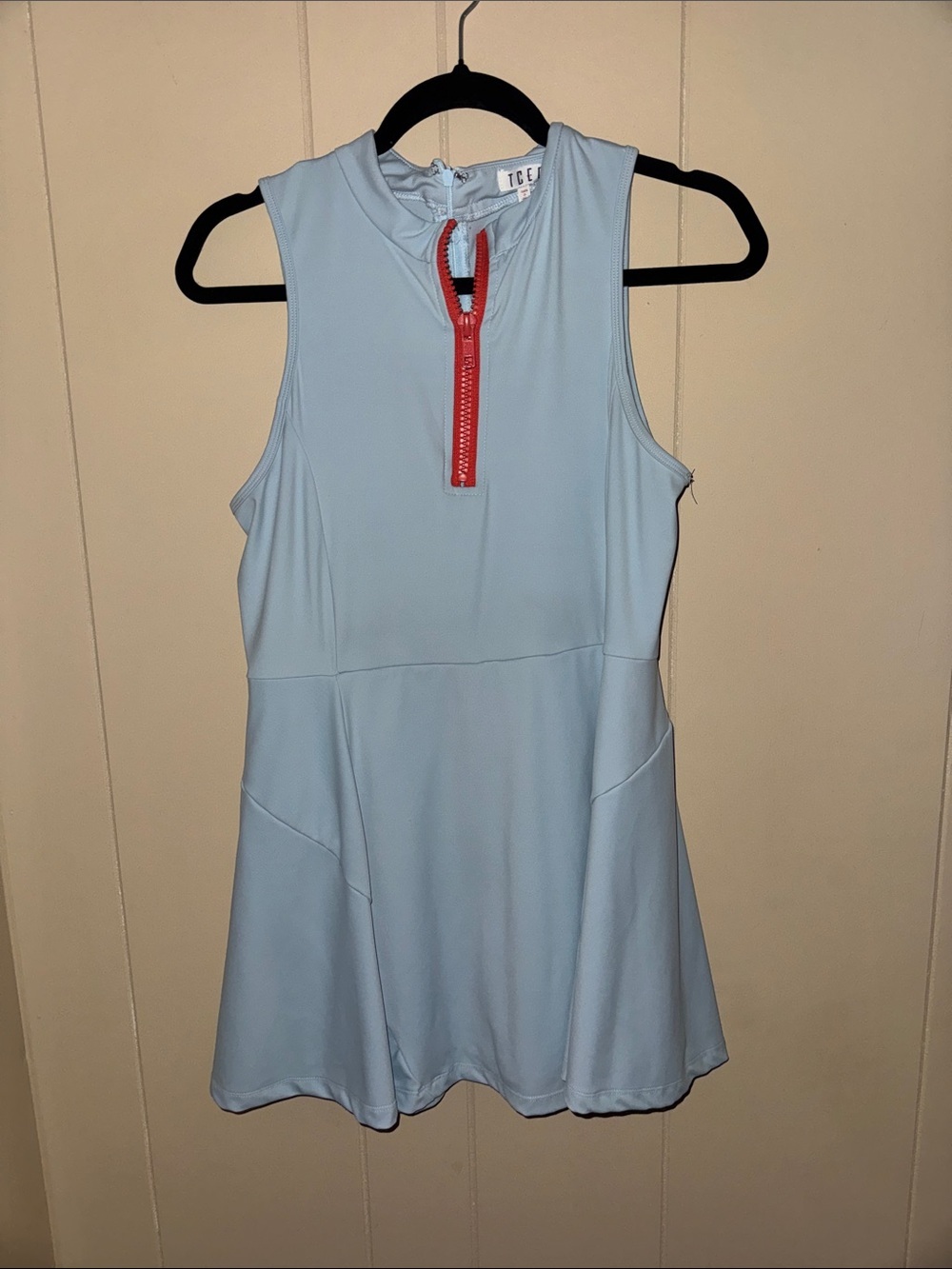 TCEC Light Blue Athletic Dress/Shorts with Coral Zip Detail